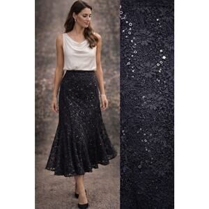 VTG Onyx Nite Black Lace Overlay Fluted Midi Skirt Beaded Whimsigoth Feminine L